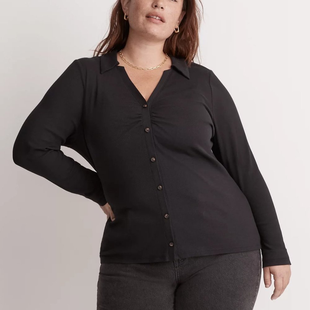 Madewell Ruched Polo Cardigan Black - 1X (Plus)